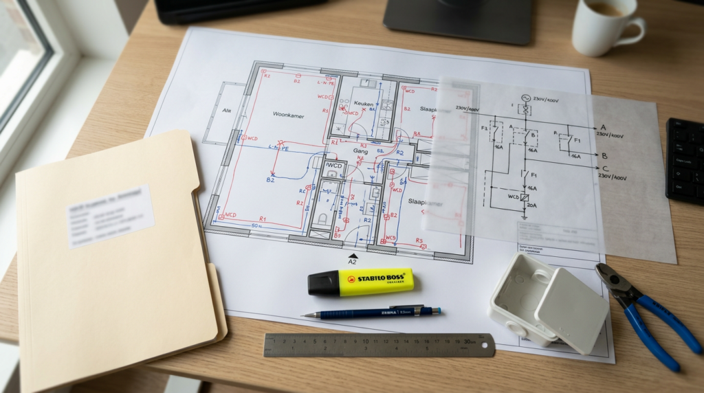 Plans et schéma électrique annotés pour préparation d'une mise en conformité électrique et contrôle d'installation.
