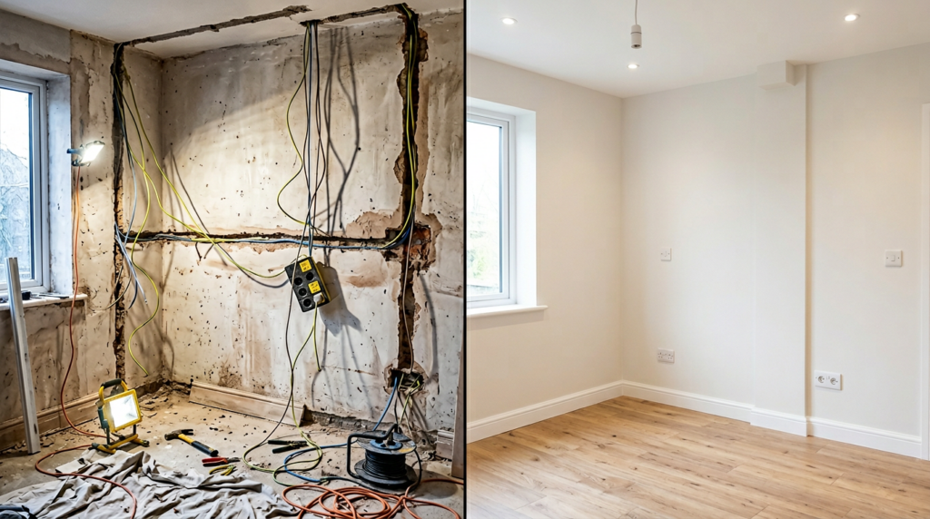 Comparaison chantier et pièce terminée : côté gauche installation en cours avec câblage apparent ; côté droit finitions renovation électriques et murs propres, sans mobilier. | | Titre | Chantier électrique puis pièce terminée